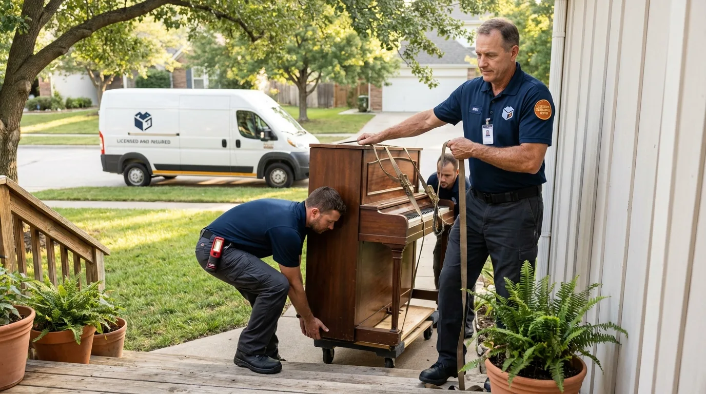 Licensed piano movers securing grand piano in Seymour, MO